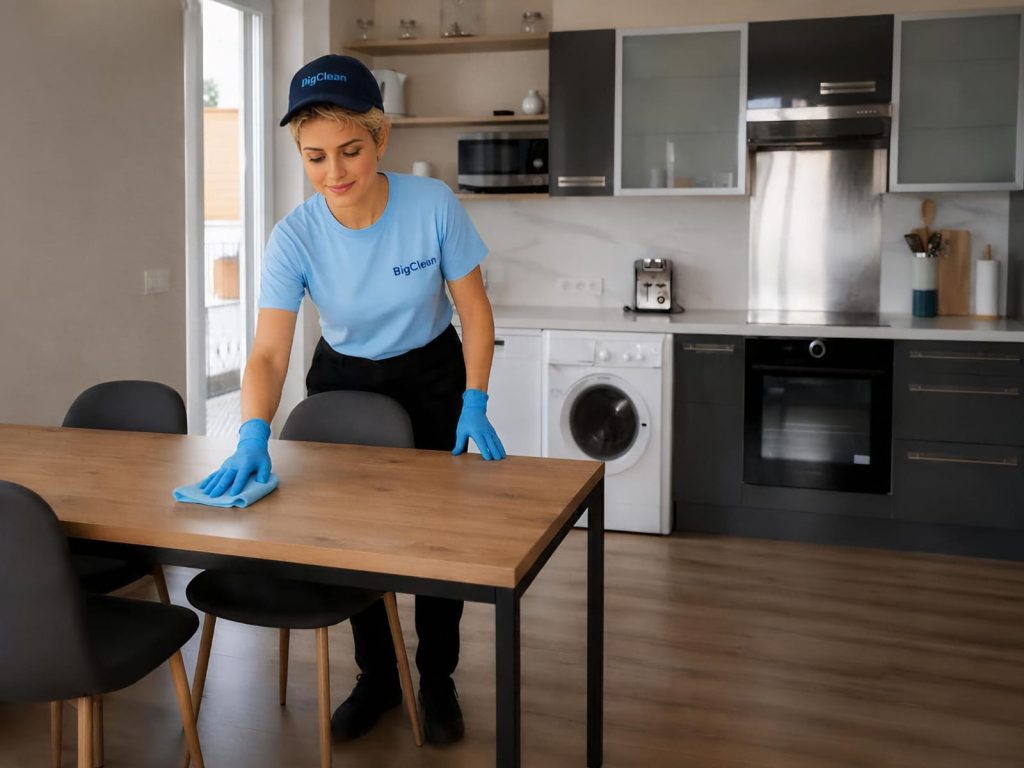 Professionnelle de BigClean lors du nettoyage d’un logement